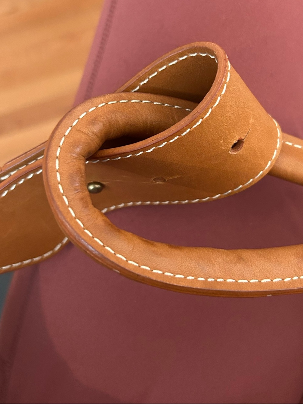 J. McLaughlin Cognac Leather belt with White Stitching